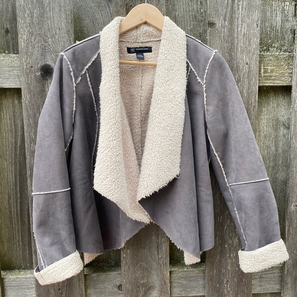 Faux suede shearling grey wrap jacket - Picture 1 of 16